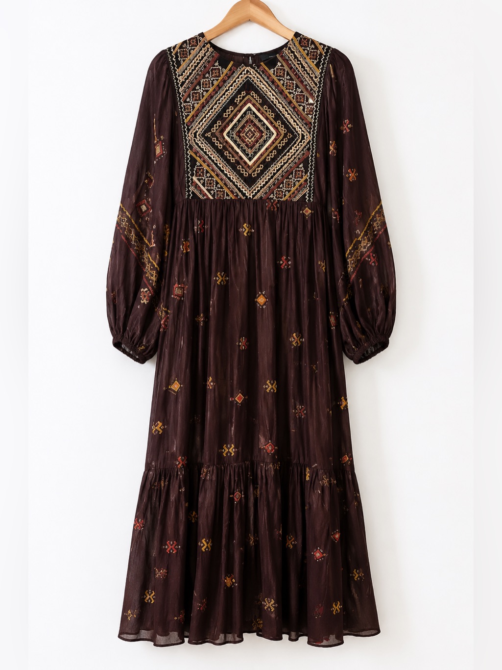 Zara Embroidered Bohemian Maxi Dress In Deep Brown / Burgundy